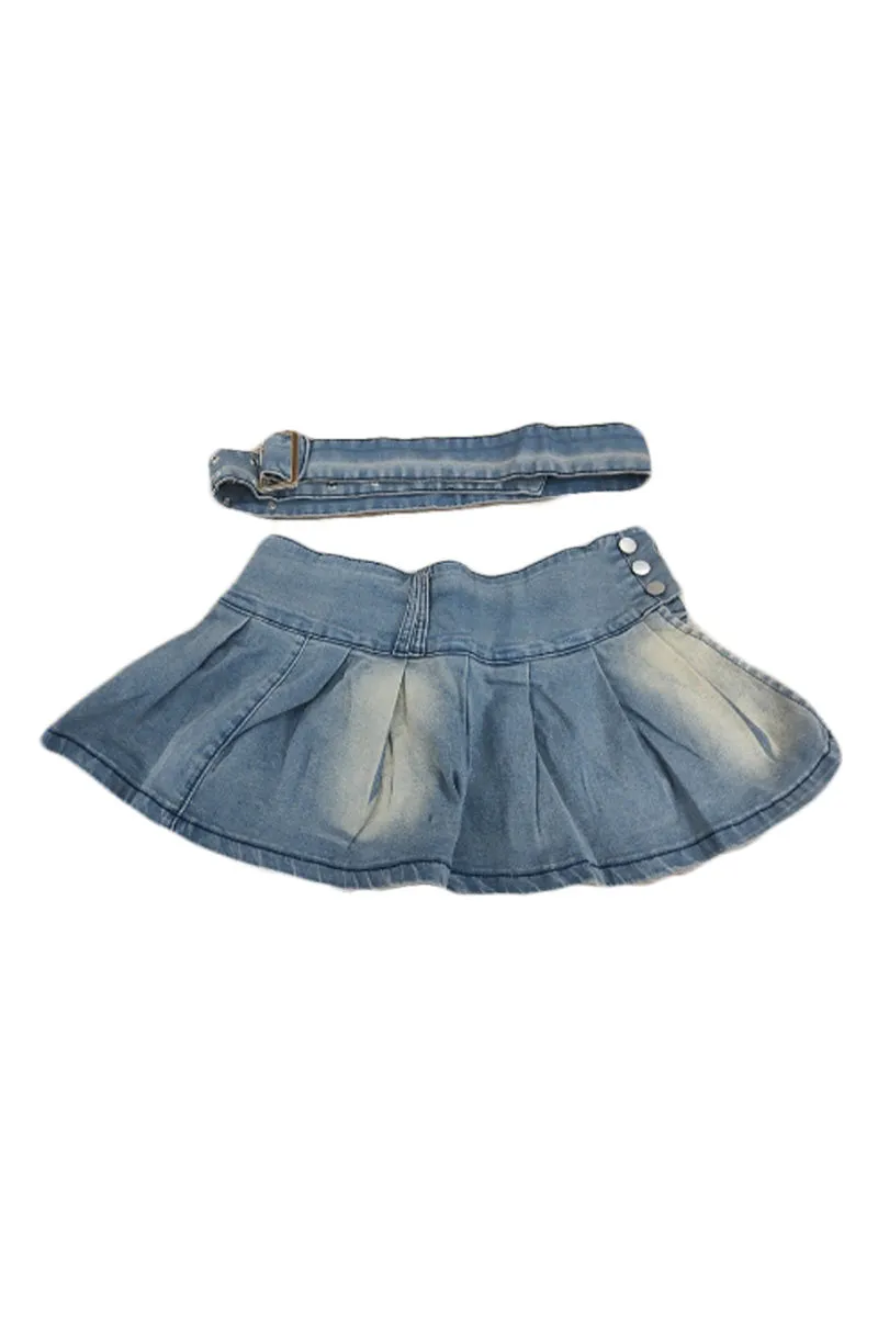 QK0621 Pleated Denim Mini Skirt