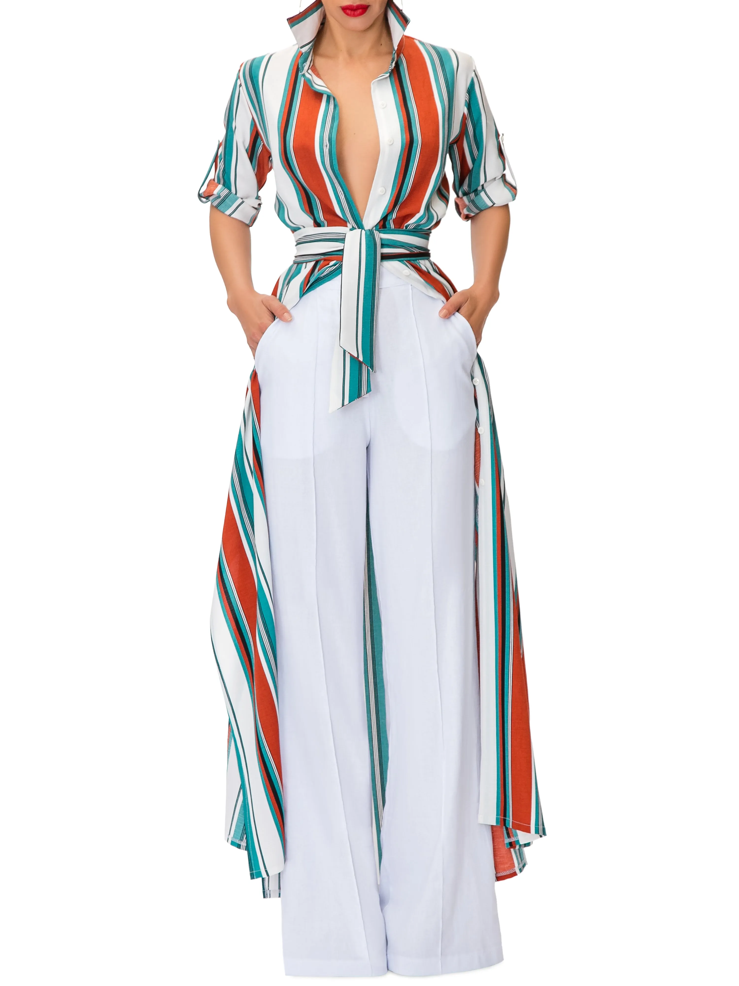 "Venice" Stripe Button-Down Maxi Shirtdress