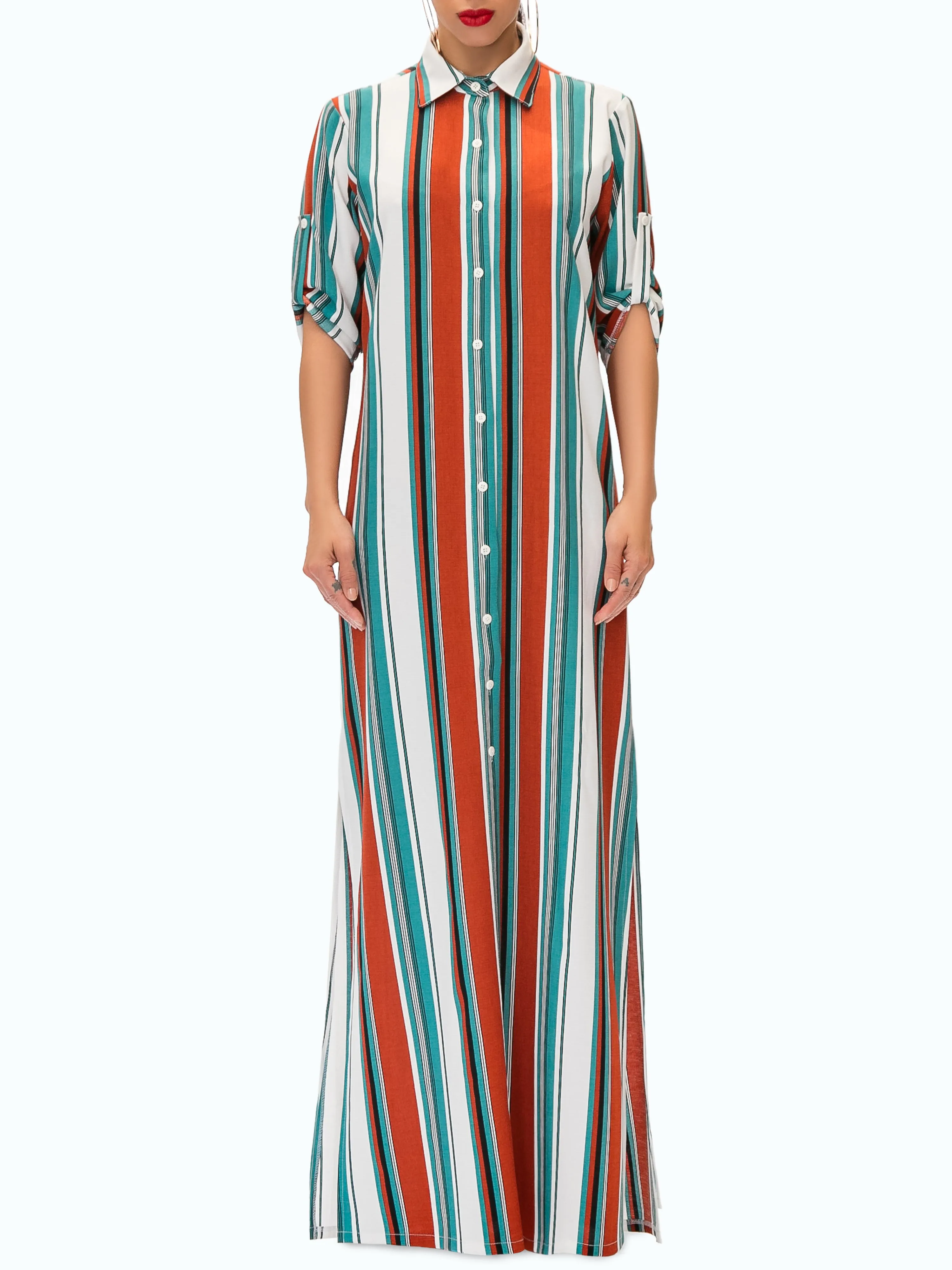 "Venice" Stripe Button-Down Maxi Shirtdress