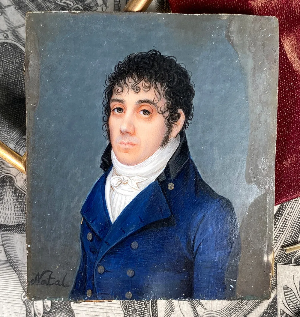 Rare 18th Century Antique French Portrait Miniature, Incroyable et Merveilleuses, Handsome Man