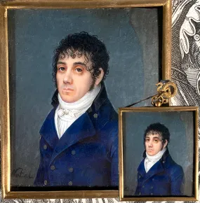 Rare 18th Century Antique French Portrait Miniature, Incroyable et Merveilleuses, Handsome Man