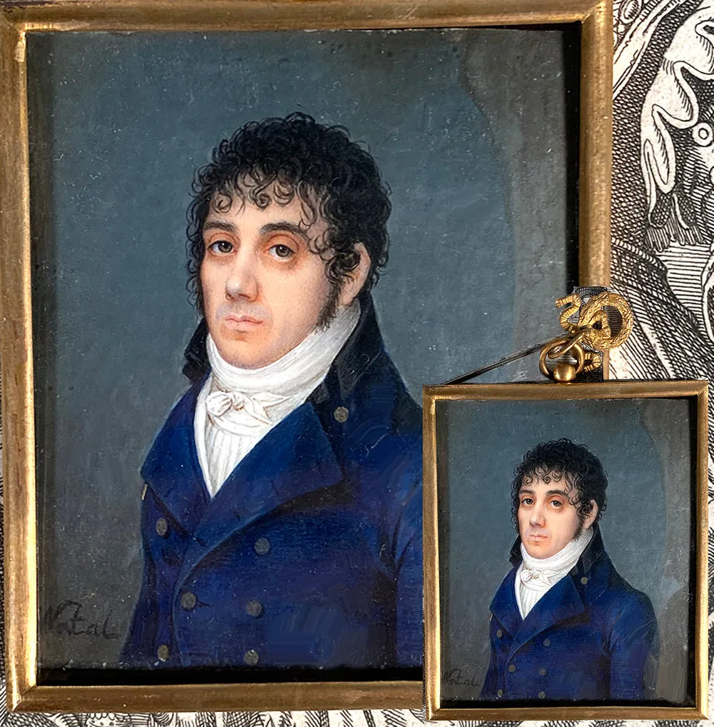 Rare 18th Century Antique French Portrait Miniature, Incroyable et Merveilleuses, Handsome Man