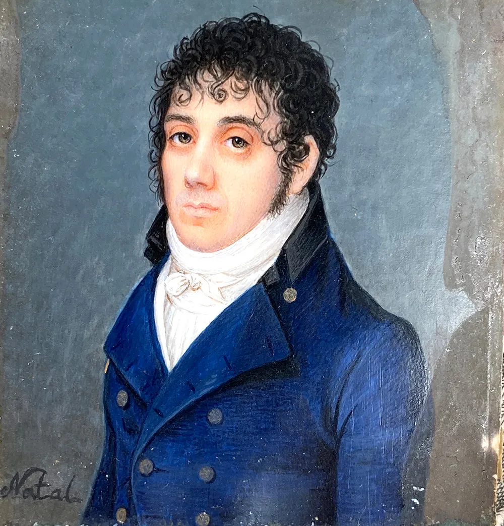 Rare 18th Century Antique French Portrait Miniature, Incroyable et Merveilleuses, Handsome Man