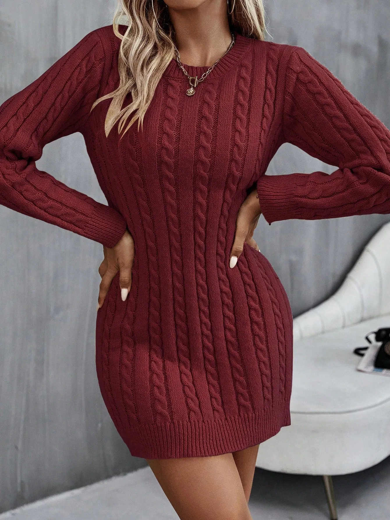 Round Neck Cable Knit Sweater Dress
