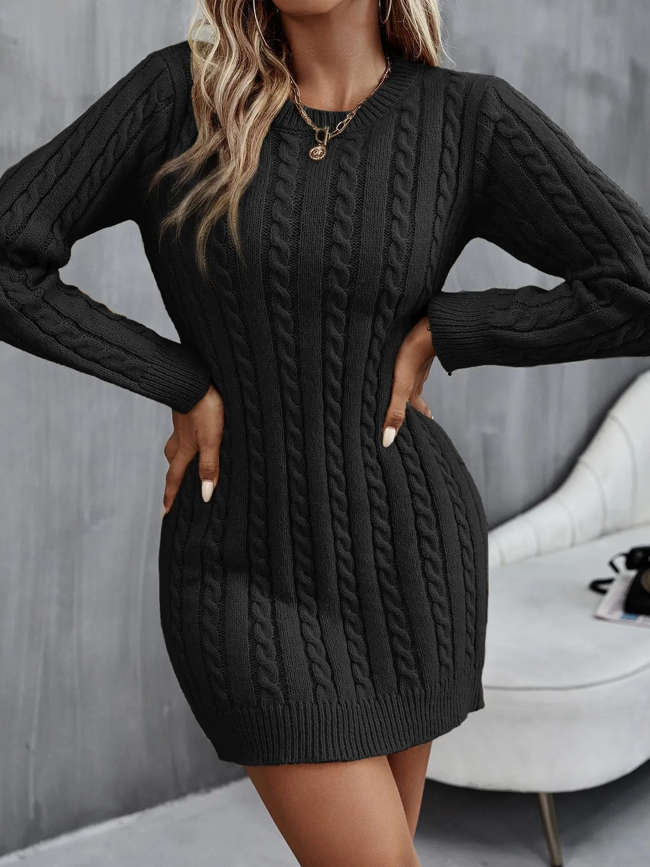 Round Neck Cable Knit Sweater Dress