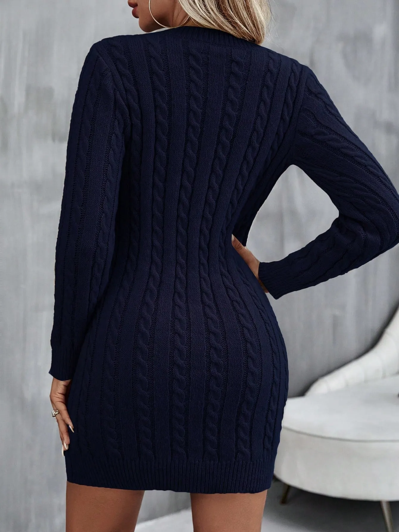 Round Neck Cable Knit Sweater Dress