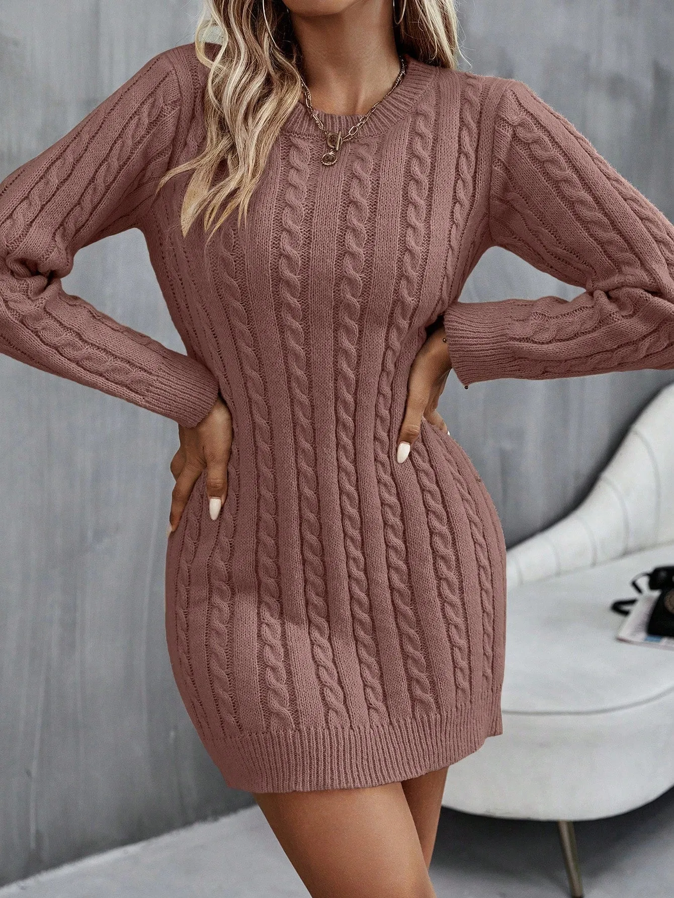 Round Neck Cable Knit Sweater Dress