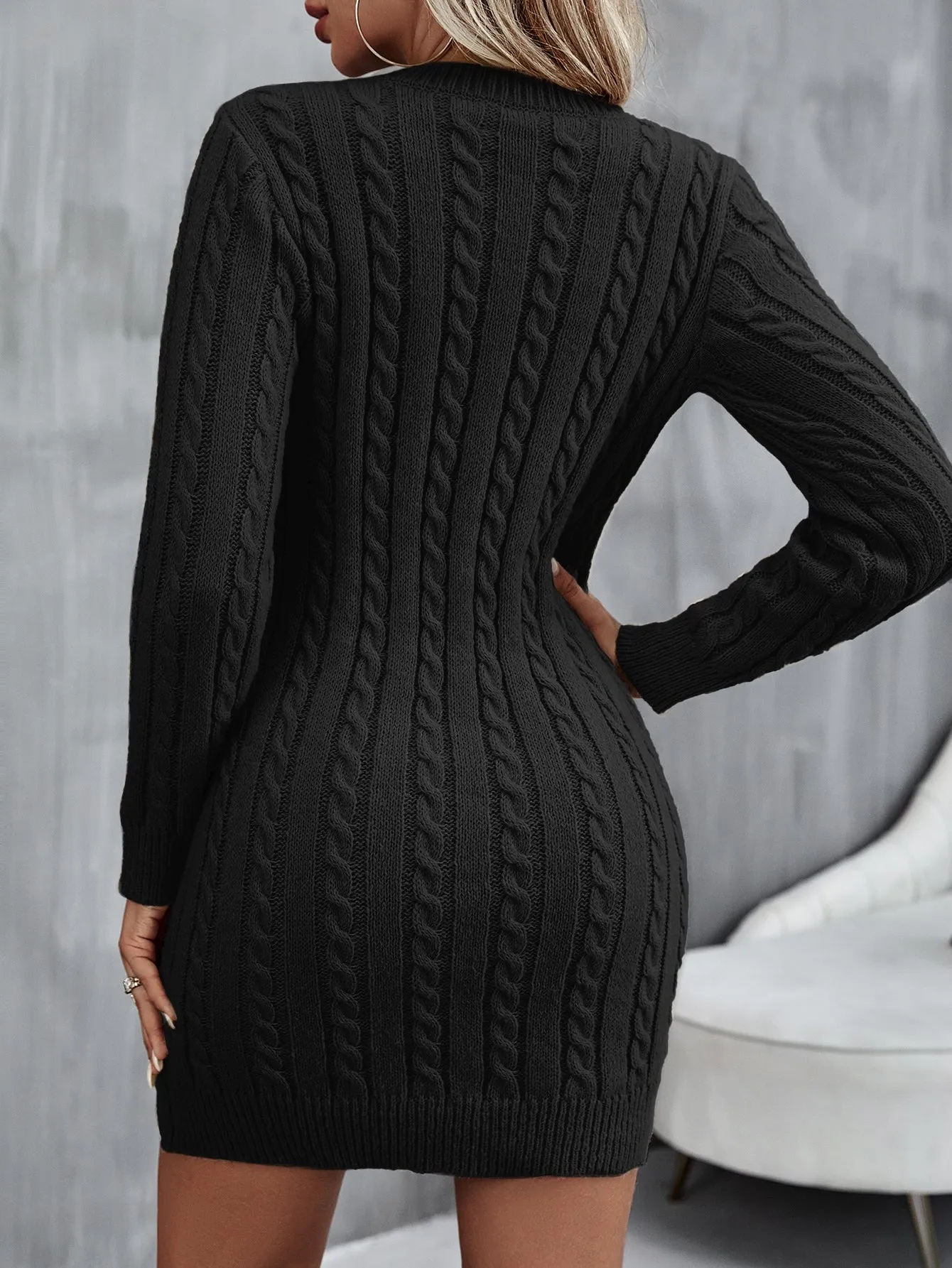 Round Neck Cable Knit Sweater Dress