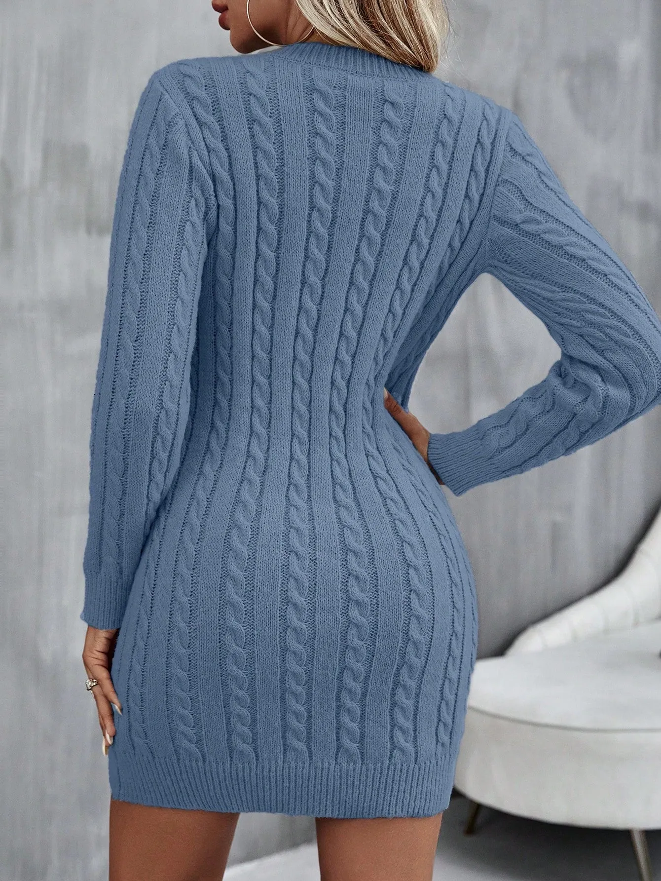 Round Neck Cable Knit Sweater Dress