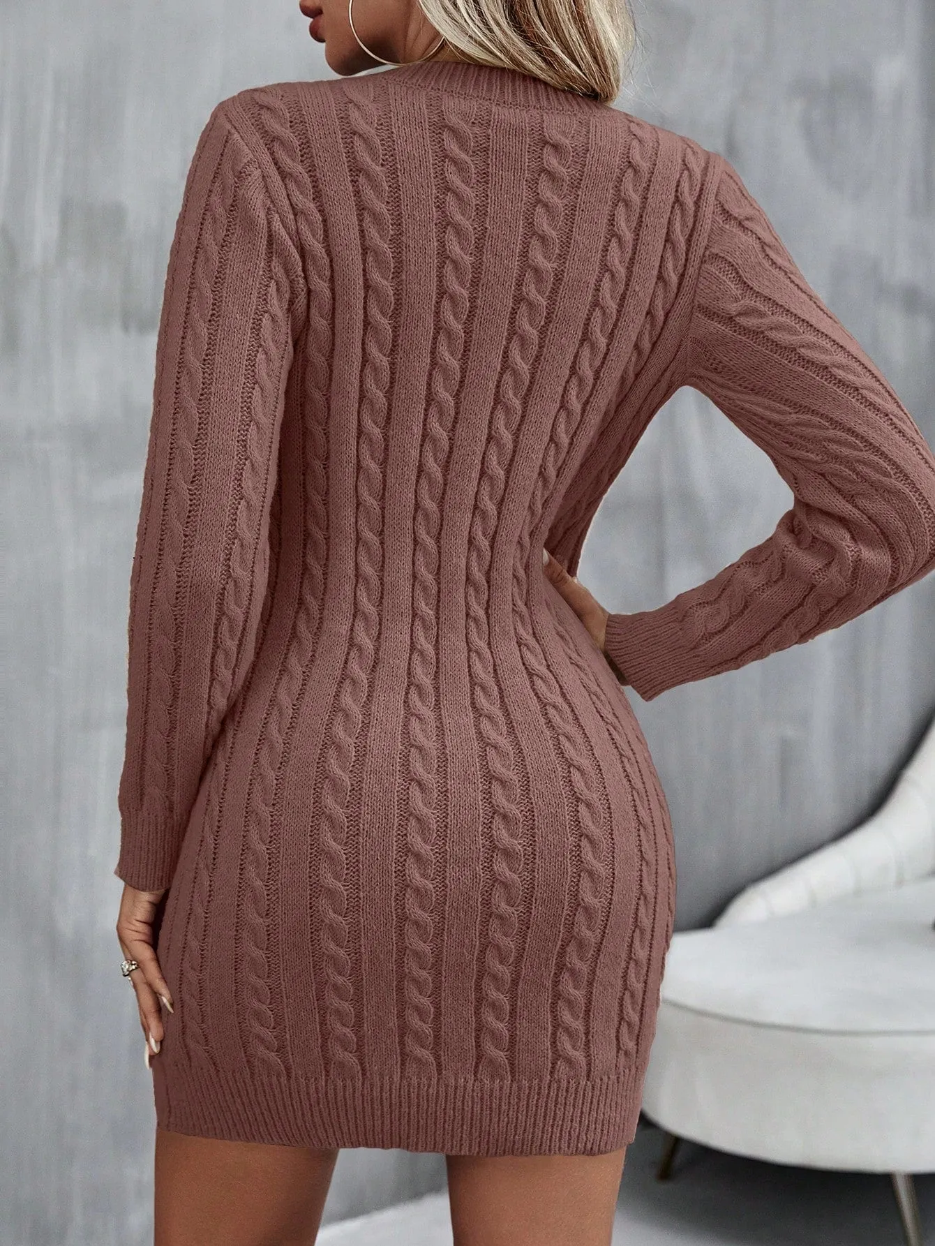 Round Neck Cable Knit Sweater Dress