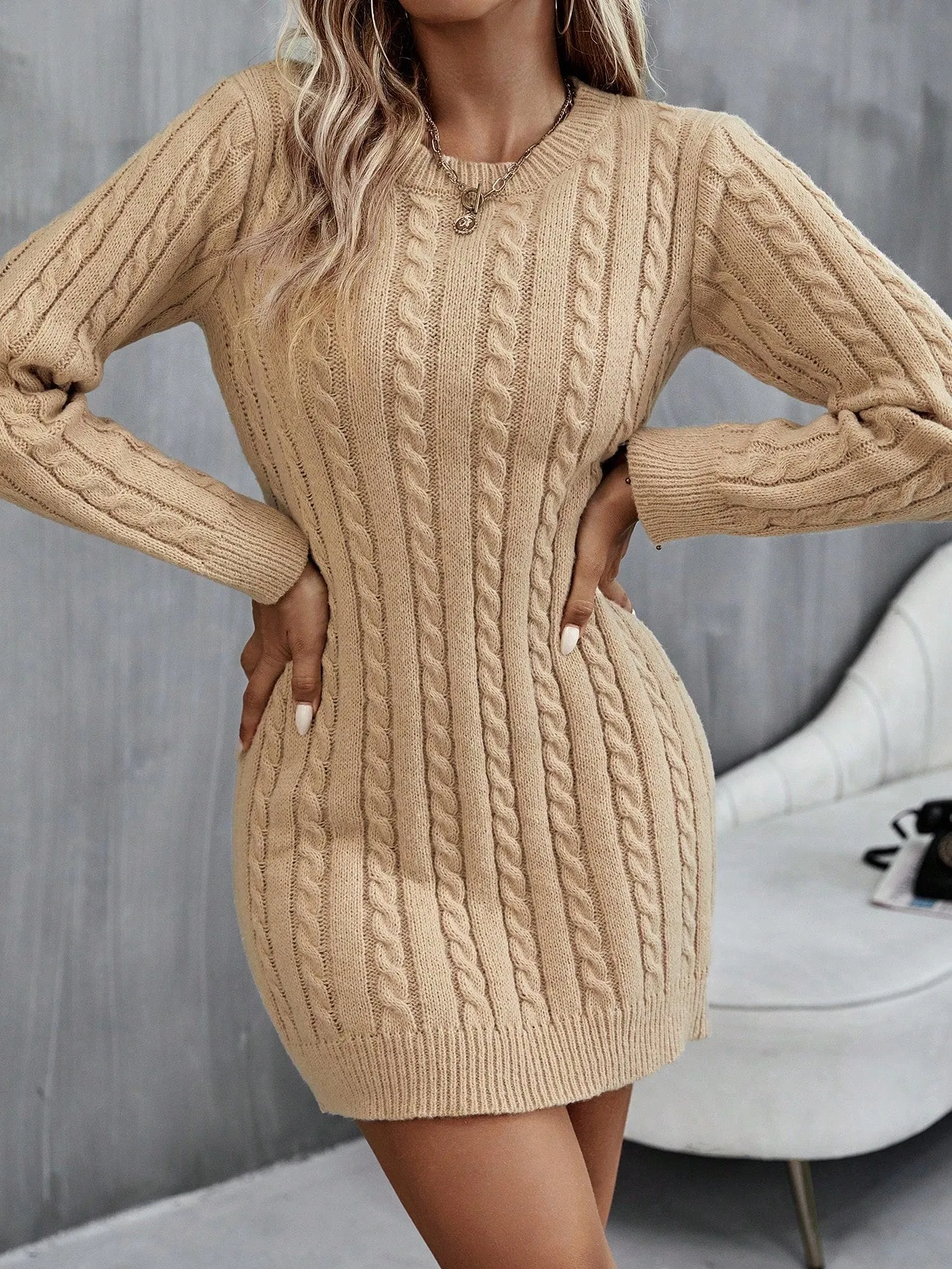 Round Neck Cable Knit Sweater Dress