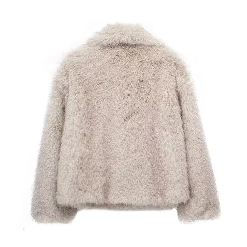 Short Faux Fur Coat Women Lapel Autumn Winter Pockets Thick Cool Overcoat Female Buttons Casual Outerwears Stylish High Street
