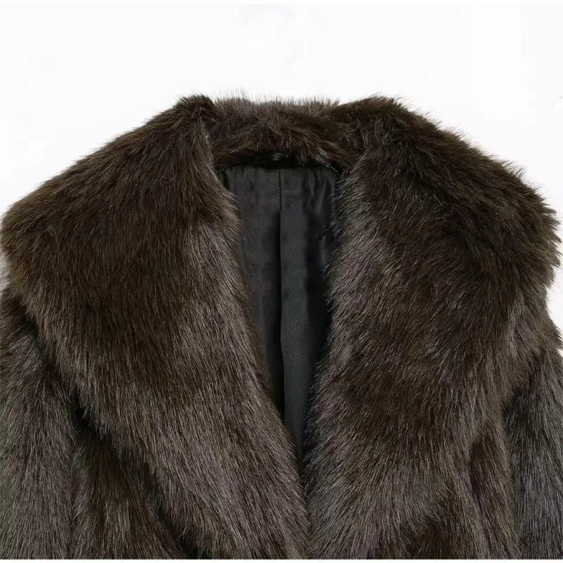 Street Women's Long Fluffy Fur Coat With Belt Slim Lapel Long Sleeve Thicken Overcoat 2024 Winter Lady Elegant Luxury Outwear