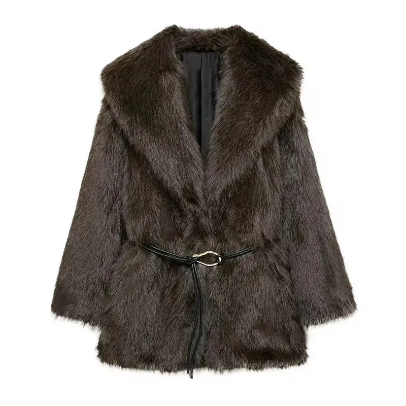 Street Women's Long Fluffy Fur Coat With Belt Slim Lapel Long Sleeve Thicken Overcoat 2024 Winter Lady Elegant Luxury Outwear
