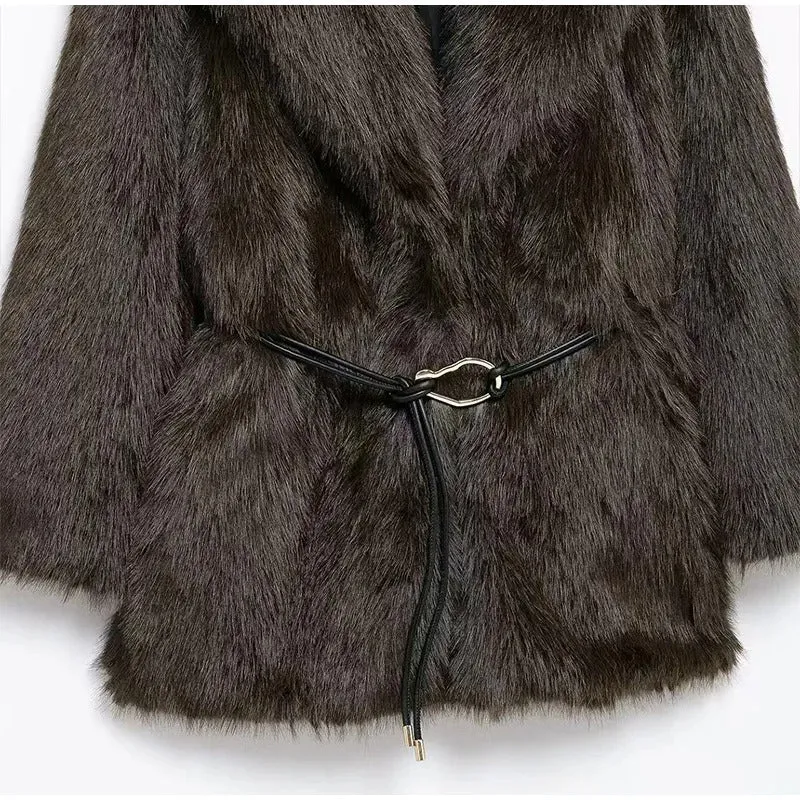 Street Women's Long Fluffy Fur Coat With Belt Slim Lapel Long Sleeve Thicken Overcoat 2024 Winter Lady Elegant Luxury Outwear