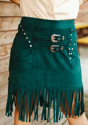 Teal Suede Fringe Hem Vintage Silver Studded Buckle Skirt