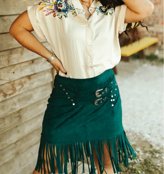 Teal Suede Fringe Hem Vintage Silver Studded Buckle Skirt