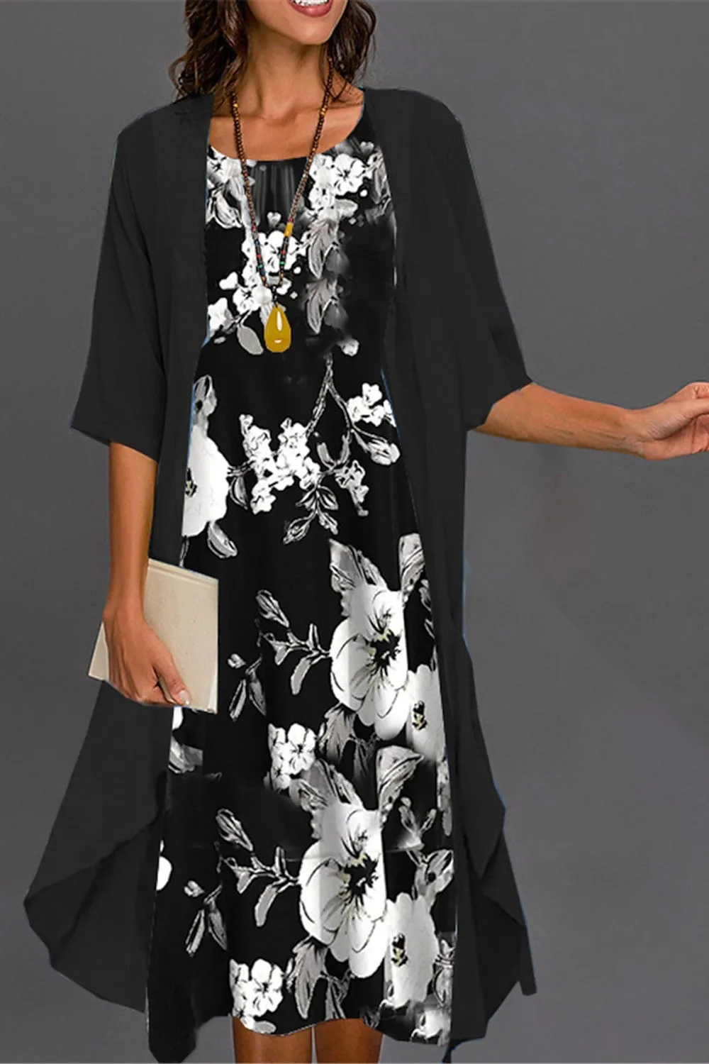 🌸Up to 50% off🔥 Crew Neck Half Sleeve Floral Two Piece Jacket Midi Dress