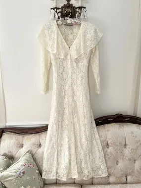 Vintage 1970s Lace Ruffle Button Down Corset Dress