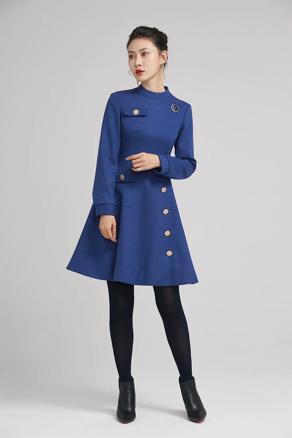 winter short wool dress with pockets and long sleeves 2238